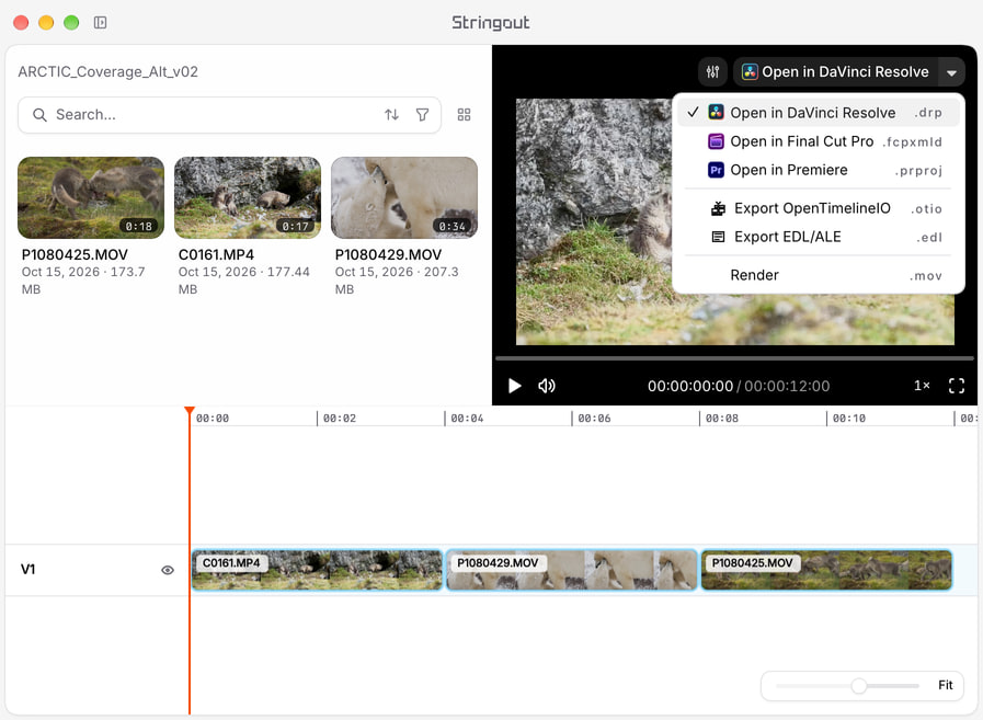 An Arctic coverage cut in Stringout with named source ranges on the timeline and the NLE export chooser open.