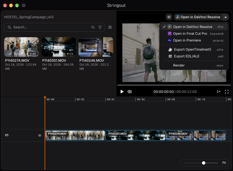 A Stringout hostel campaign cut with travel footage, source-linked timeline ranges, the Player and the NLE export chooser.