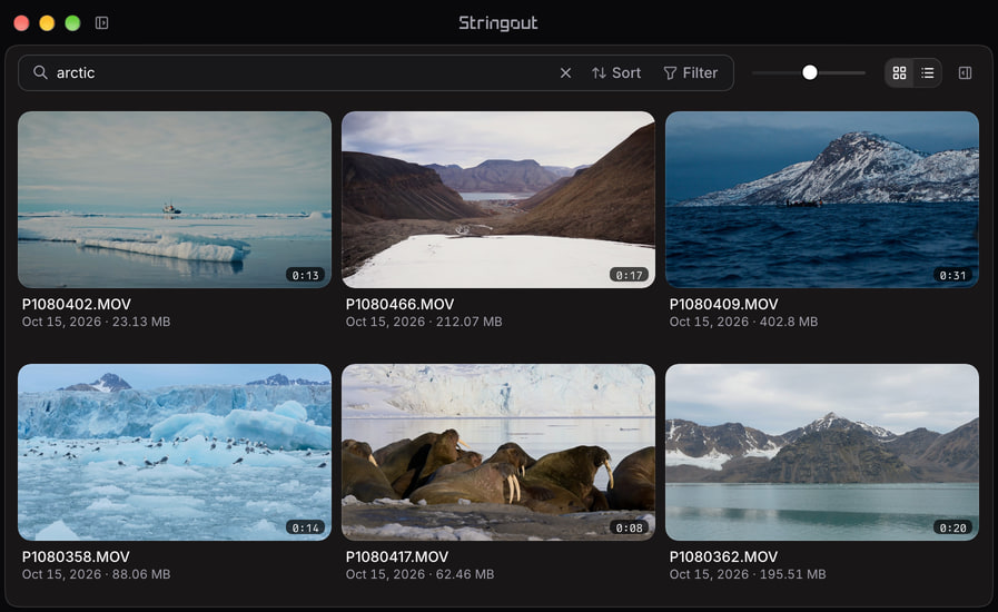 Stringout search for arctic across the library, showing icebergs, fjords, birds and walruses with both sidebars closed.