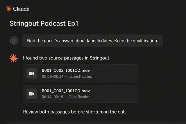 Claude reviewing two source passages in Stringout Podcast Ep1, including the qualification, before shortening the cut.